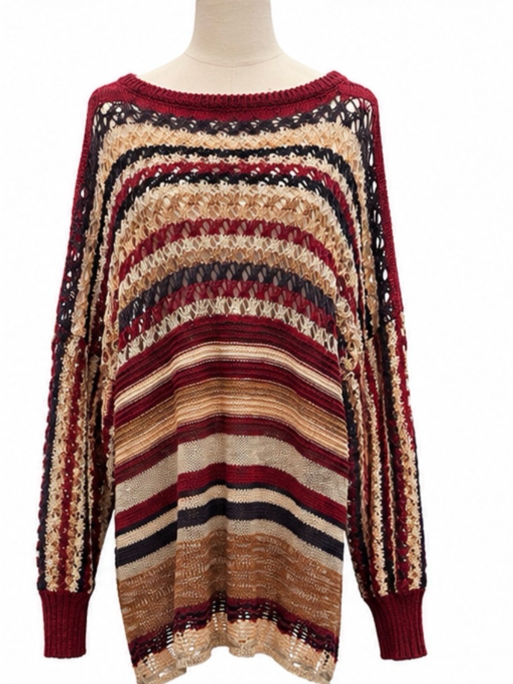Umgee Oversized Open-Knit Striped Boho Sweater Size Large